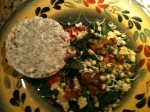 veggie scramble with brown rice cake and healthy creamy garlic spread